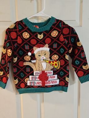33 DEGREES YOUTH CHRISTMAS PIZZA CAT SWEATER:BLACK/GREEN:NEW WITH TAGS: S (4)